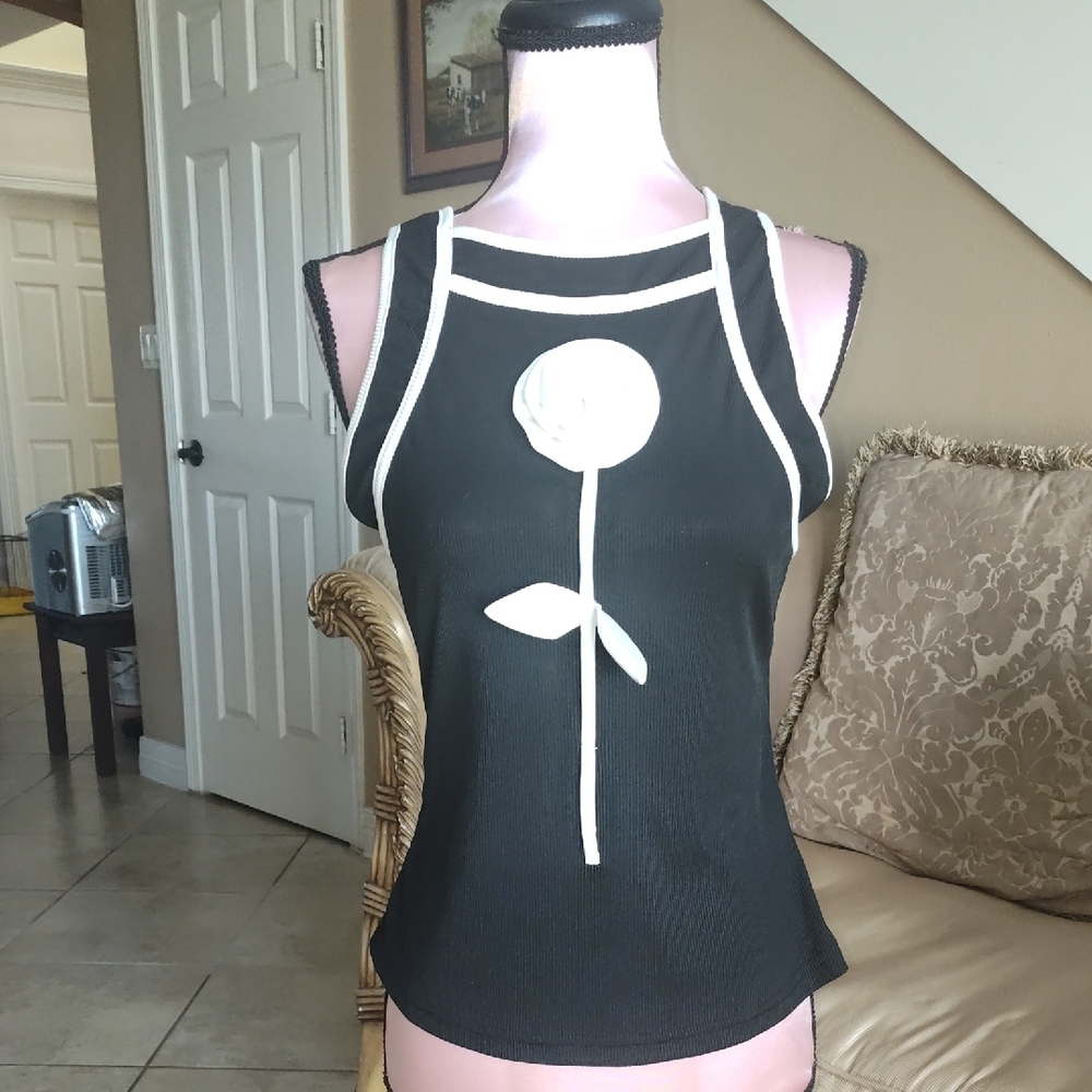 SHEIN Black Tank Top with White Floral Accent